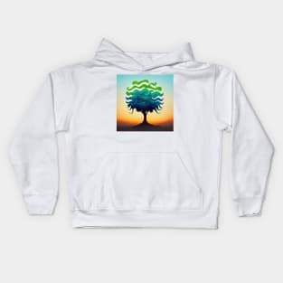 Solitary stylized tree at sunset with green and blue leaves. Kids Hoodie